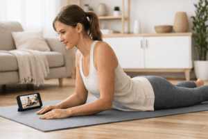 Femme adulte pratiquant le pilates à domicile sur un tapis, guidée par une application